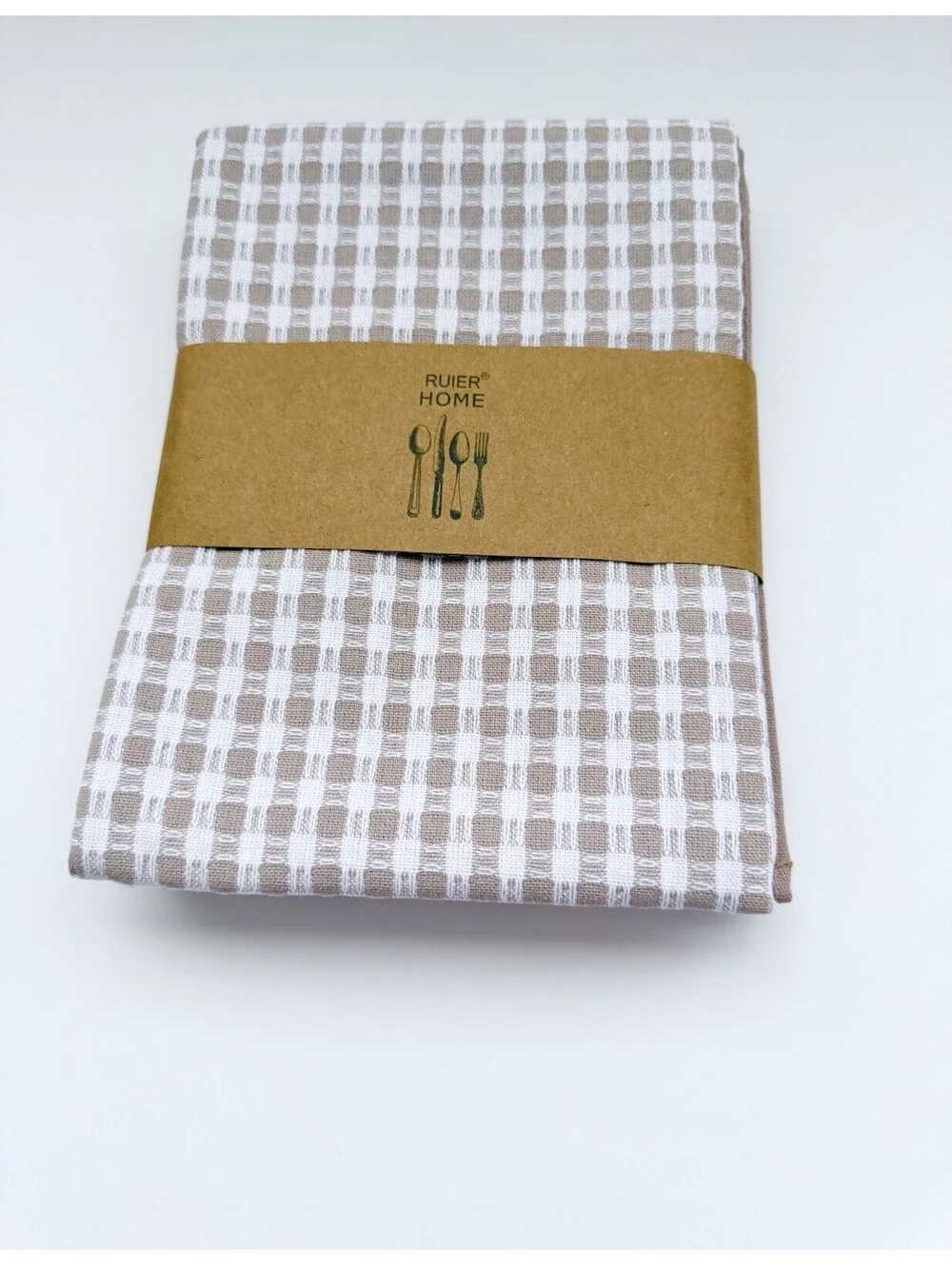 Farmhouse Kitchen Towels Set Beige White Cotton Dish Towels w Silicone Spoon New